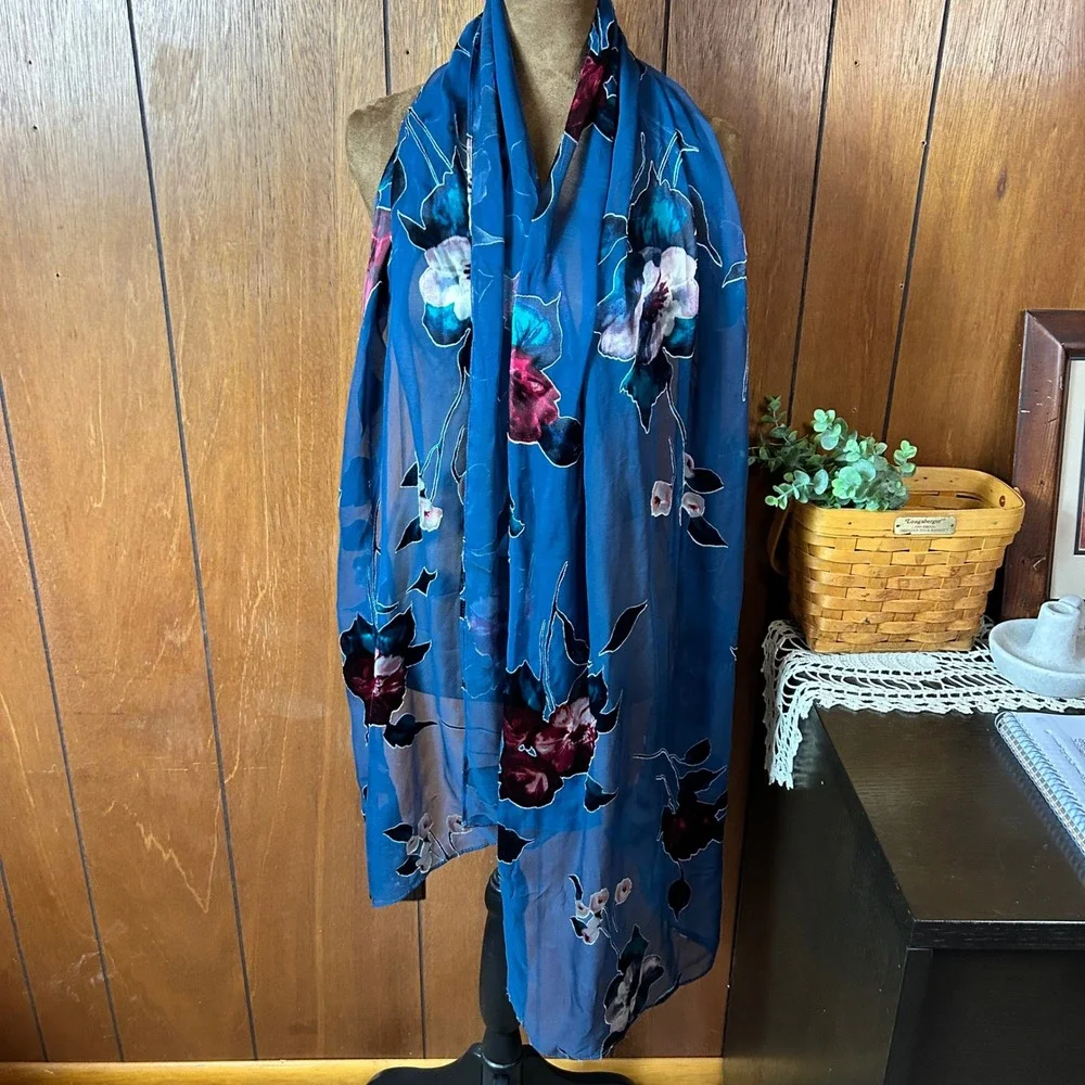 Sheer‎ Floral Scarf Blue Pink Green Large Lightweight Fashion Accessory